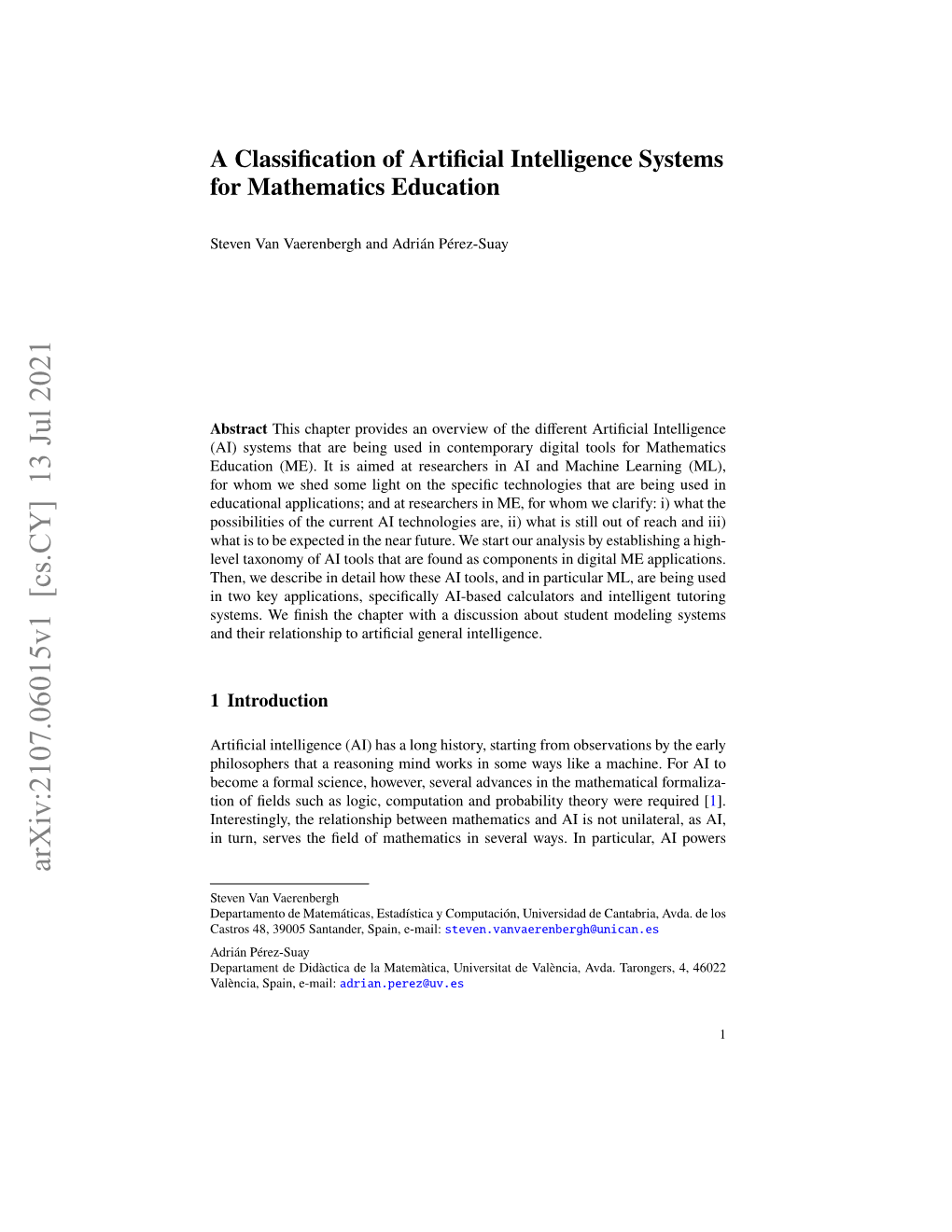 A Classification of Artificial Intelligence Systems for Mathematics Education