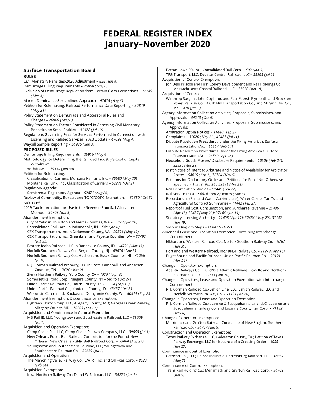 FEDERAL REGISTER INDEX January–November 2020