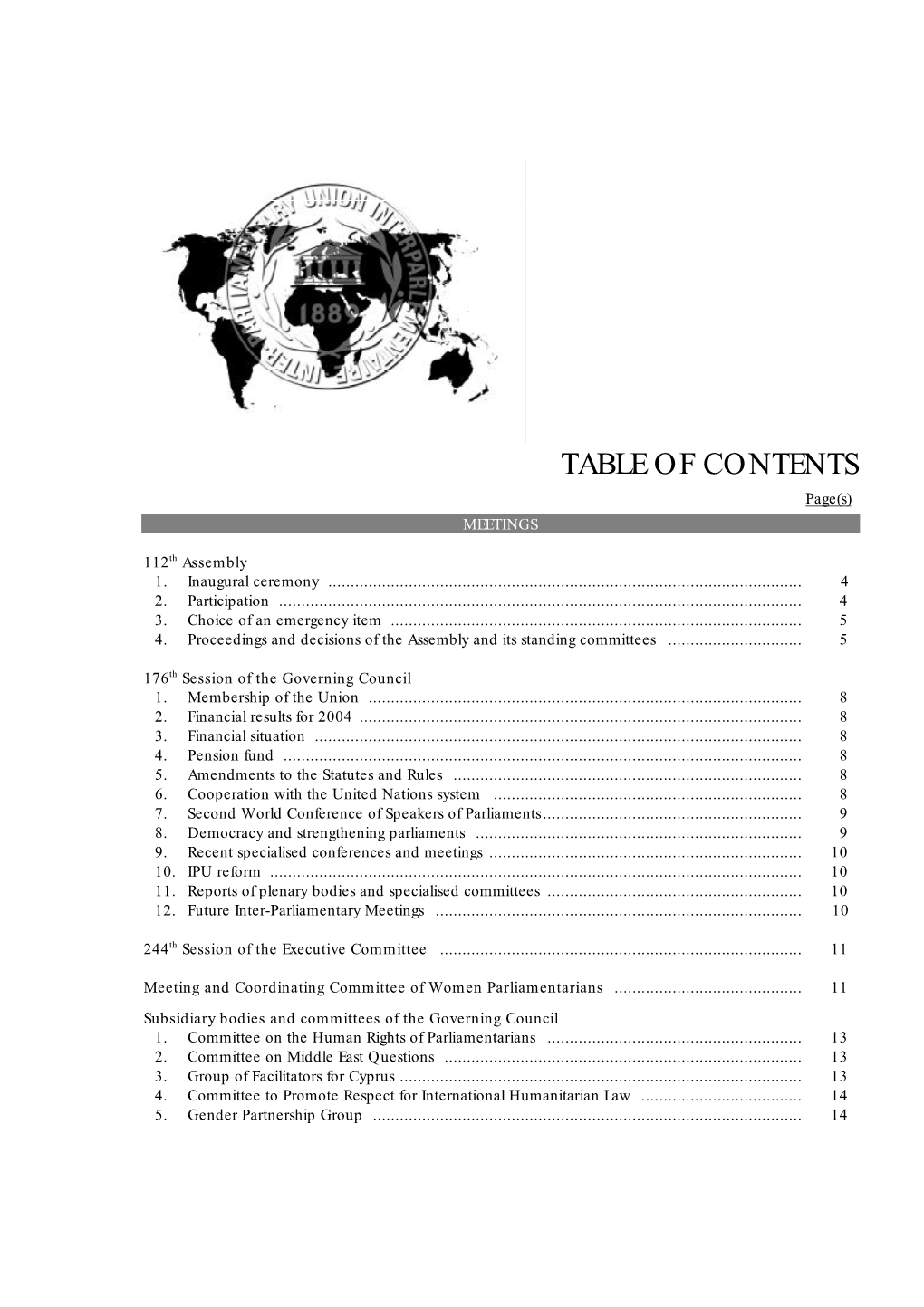 TABLE of CONTENTS Page(S) MEETINGS