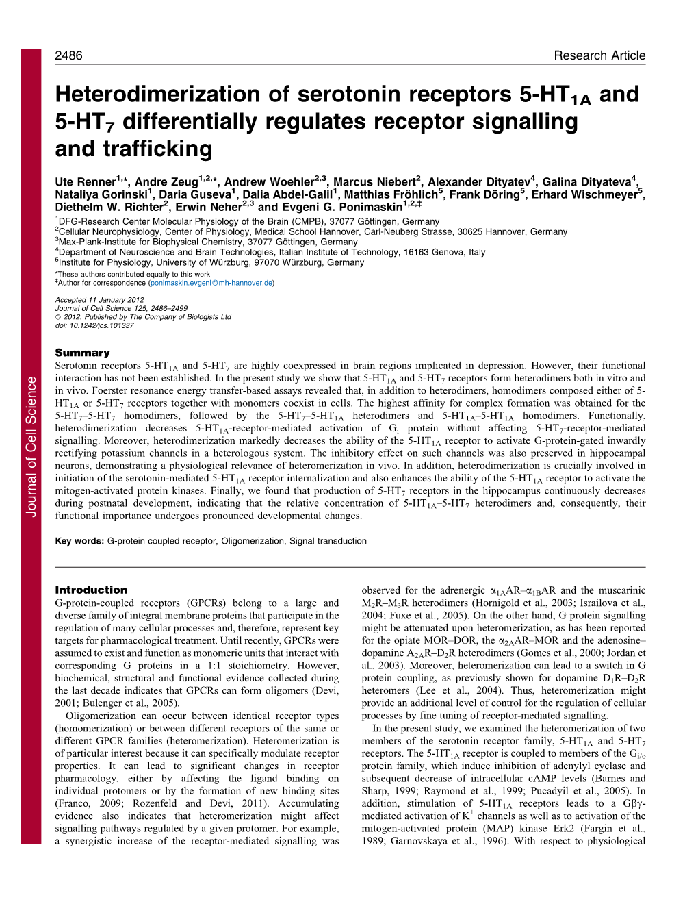 Heterodimerization of Serotonin Receptors 5-HT1A and 5-HT7 Differentially Regulates Receptor Signalling and Trafficking