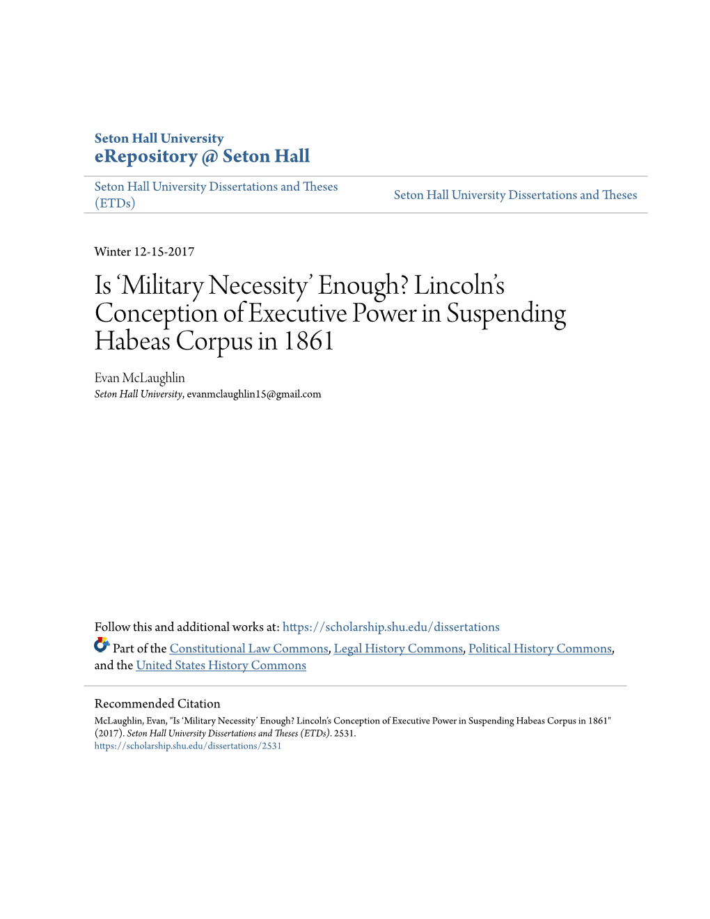 Lincoln's Conception of Executive Power in Suspending Habeas