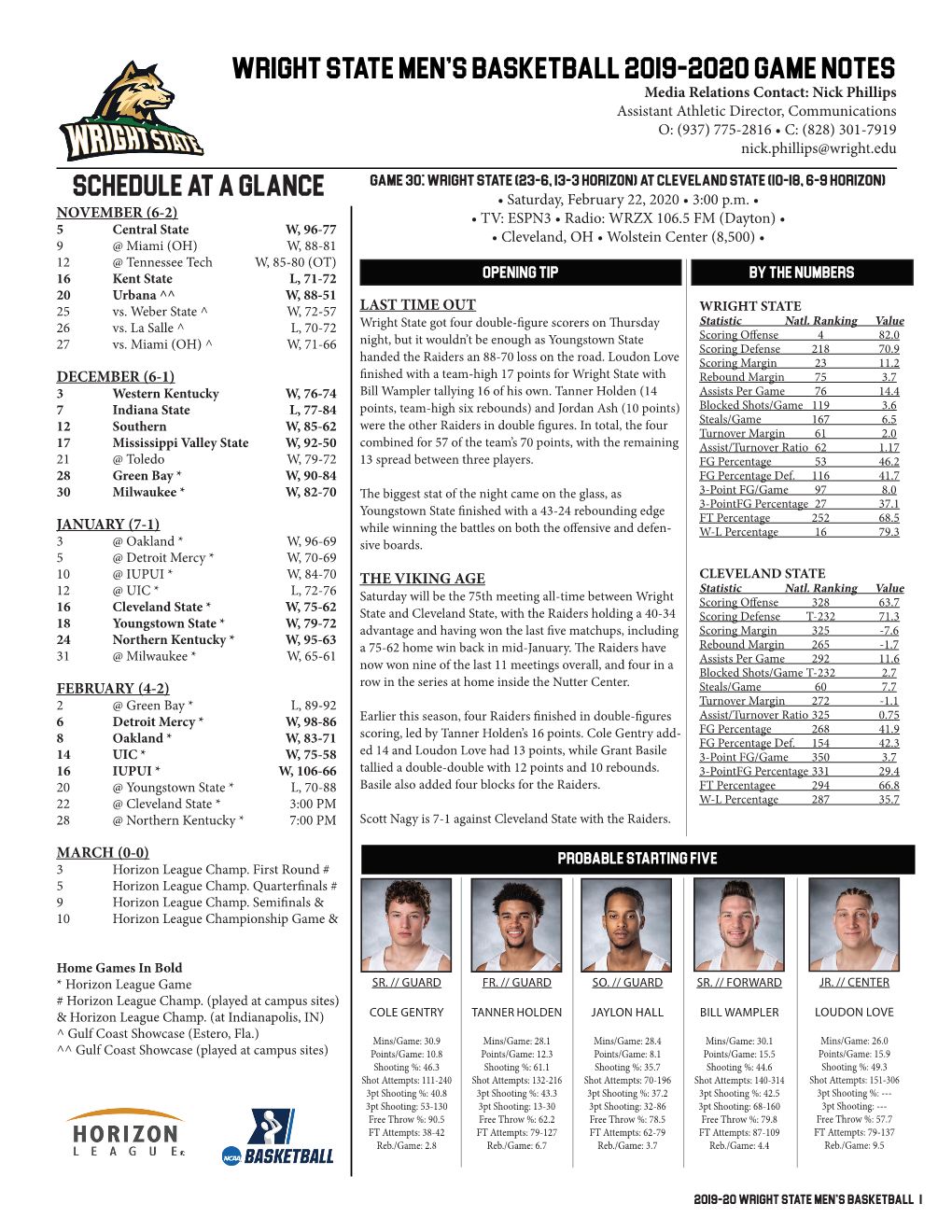 Wright State Men's Basketball 2019-2020 Game Notes