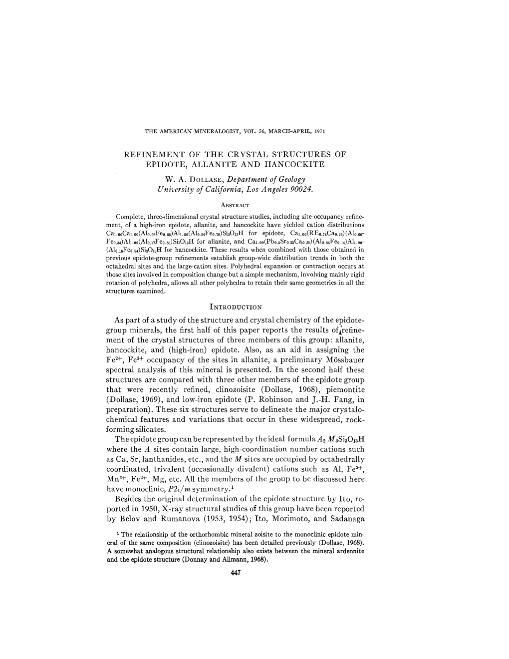 Refinement of the Crystal Structures of Epidote, Allanite and Hancockite W