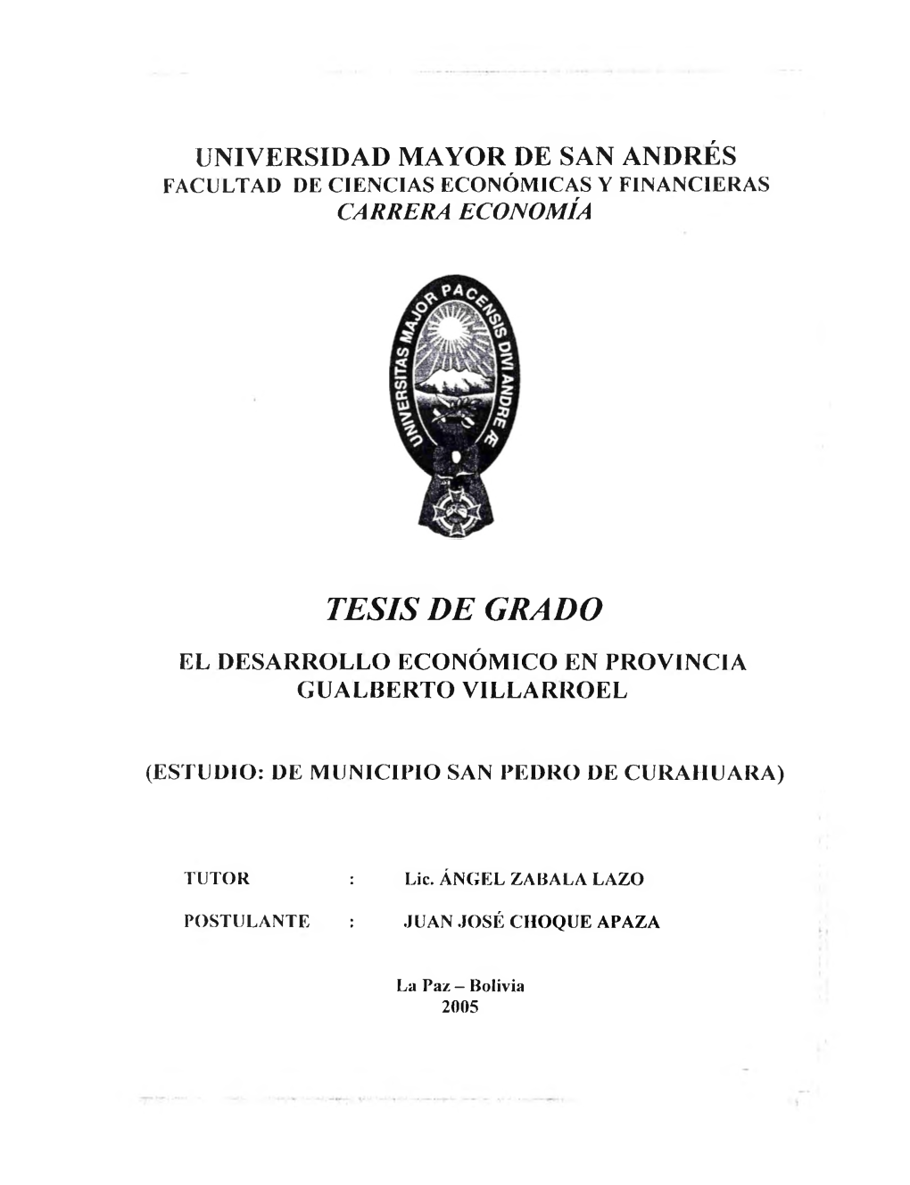 Tesis De Grado El Desarrollo Económico En Provincia Gualberto Villarroel