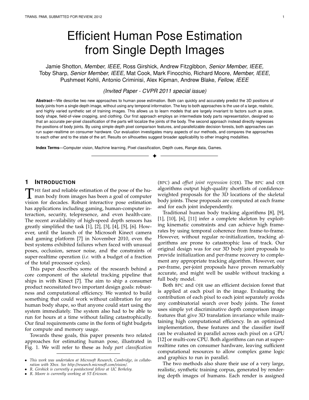 Efficient Human Pose Estimation from Single Depth Images