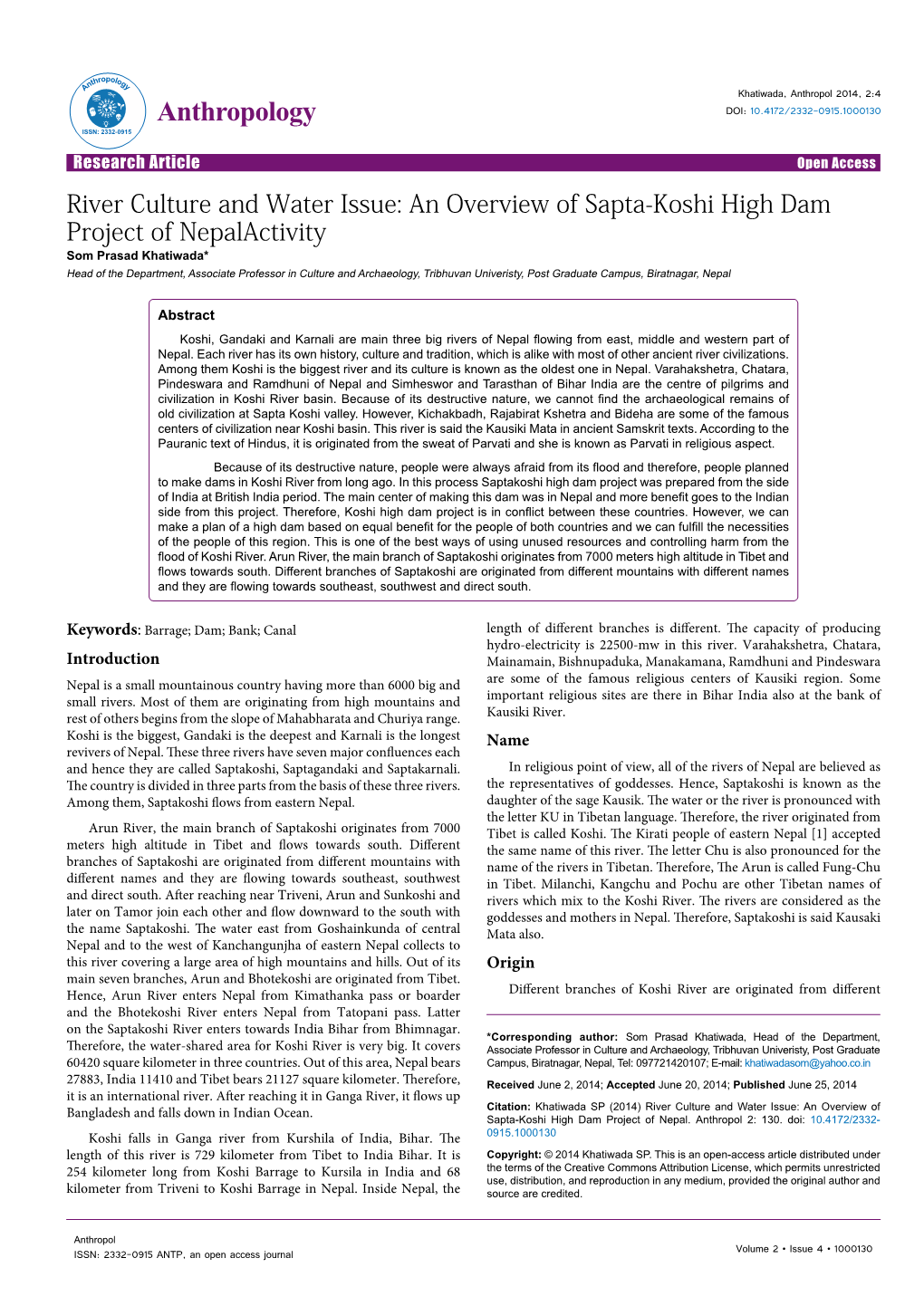 An Overview of Sapta-Koshi High Dam