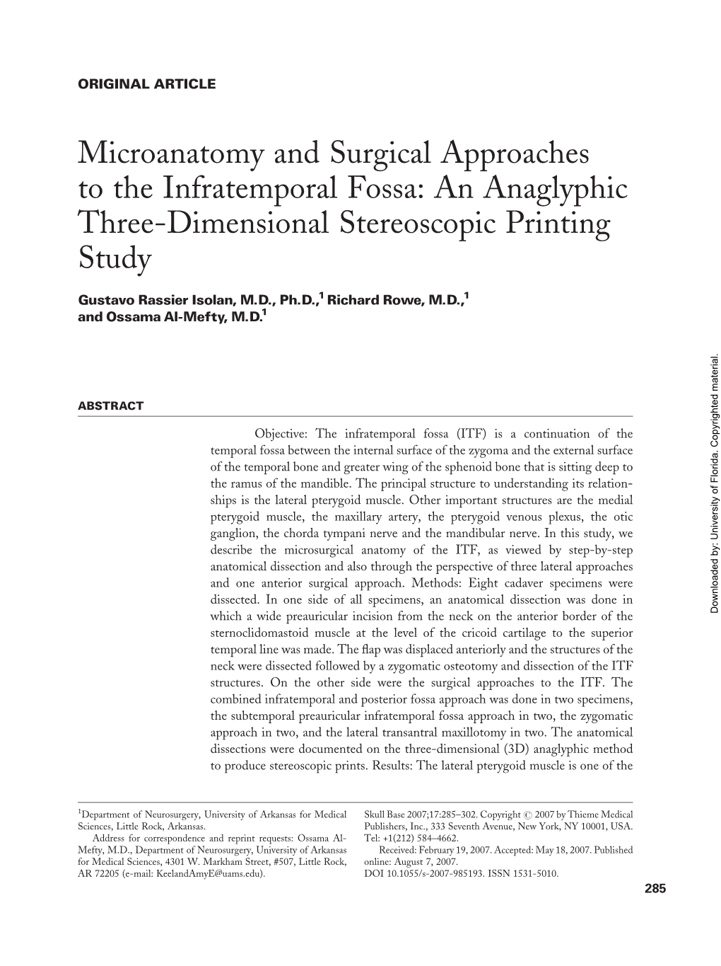 Microanatomy and Surgical Approaches to the Infratemporal Fossa: an Anaglyphic Three-Dimensional Stereoscopic Printing Study