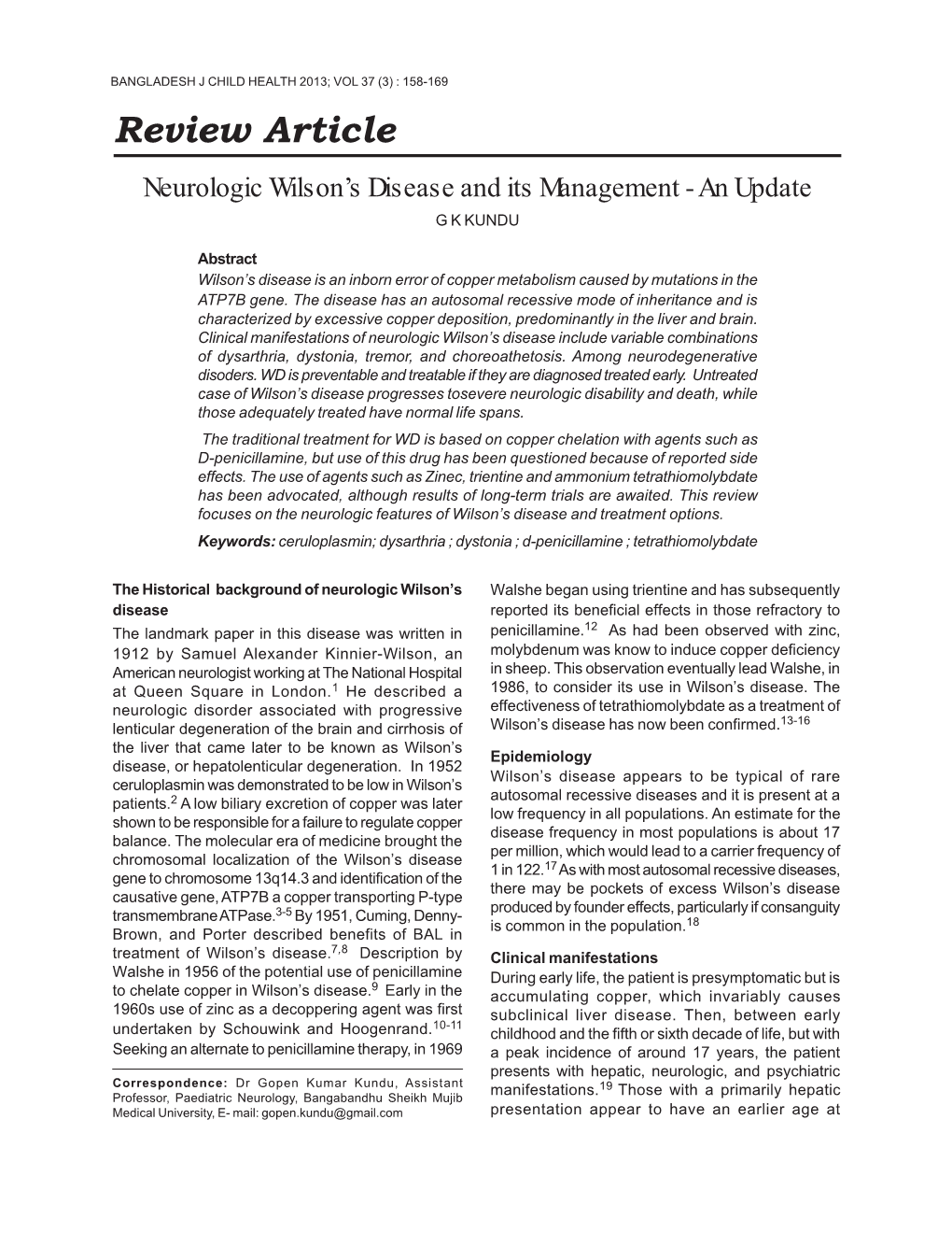 Review Article Neurologic Wilson’S Disease and Its Management - an Update G K KUNDU