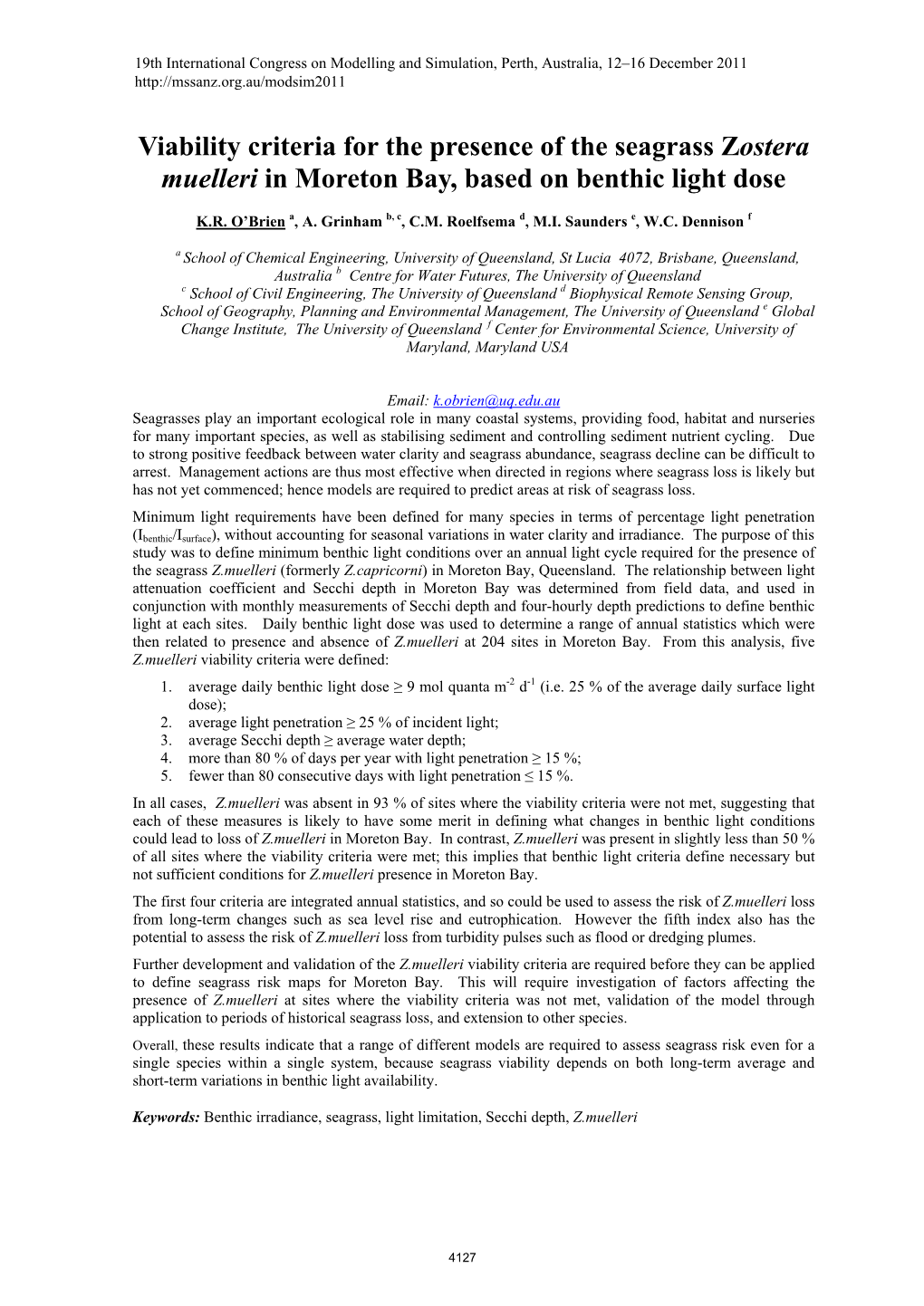 Viability Criteria for the Presence of the Seagrass Zostera Muelleri in Moreton Bay, Based on Benthic Light Dose