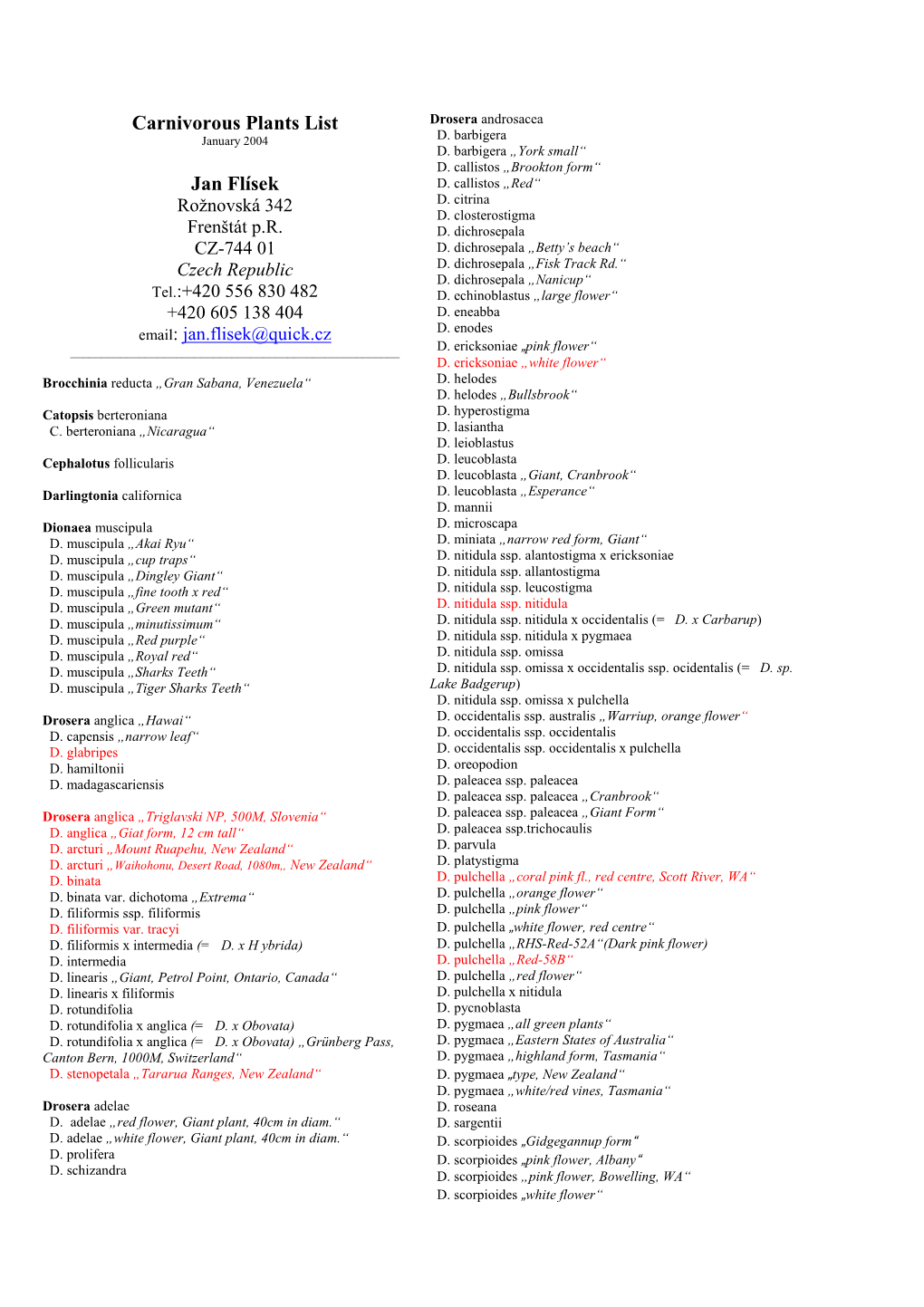 Carnivorous Plants List Jan Flísek