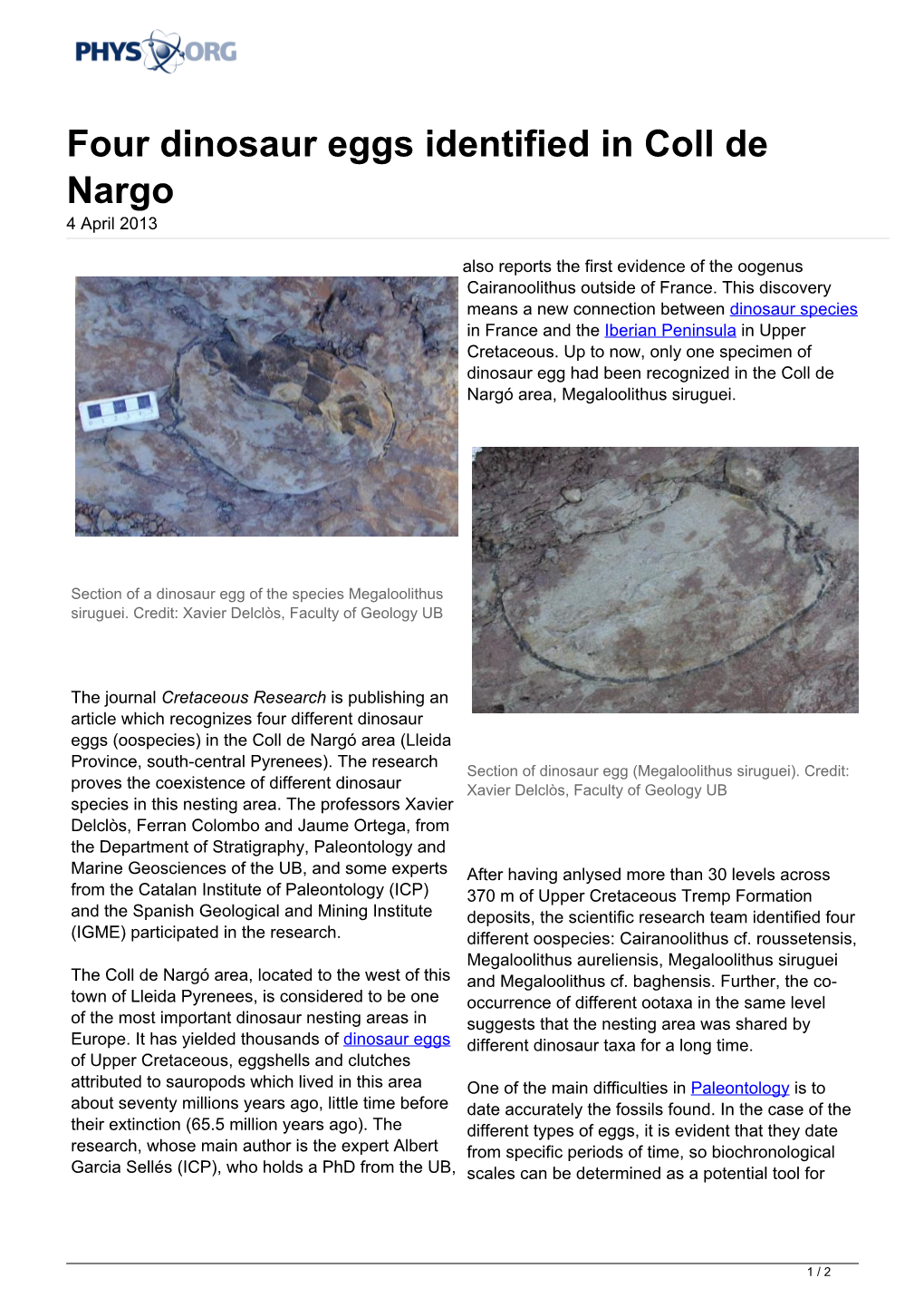 Four Dinosaur Eggs Identified in Coll De Nargo 4 April 2013