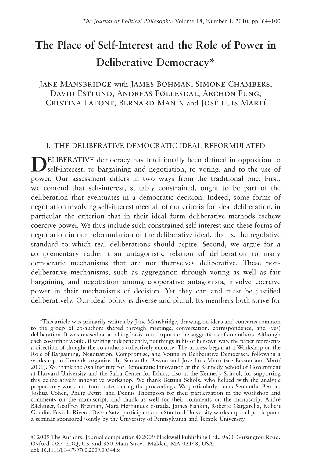 The Place of Self-Interest and the Role of Power in Deliberative Democracy*