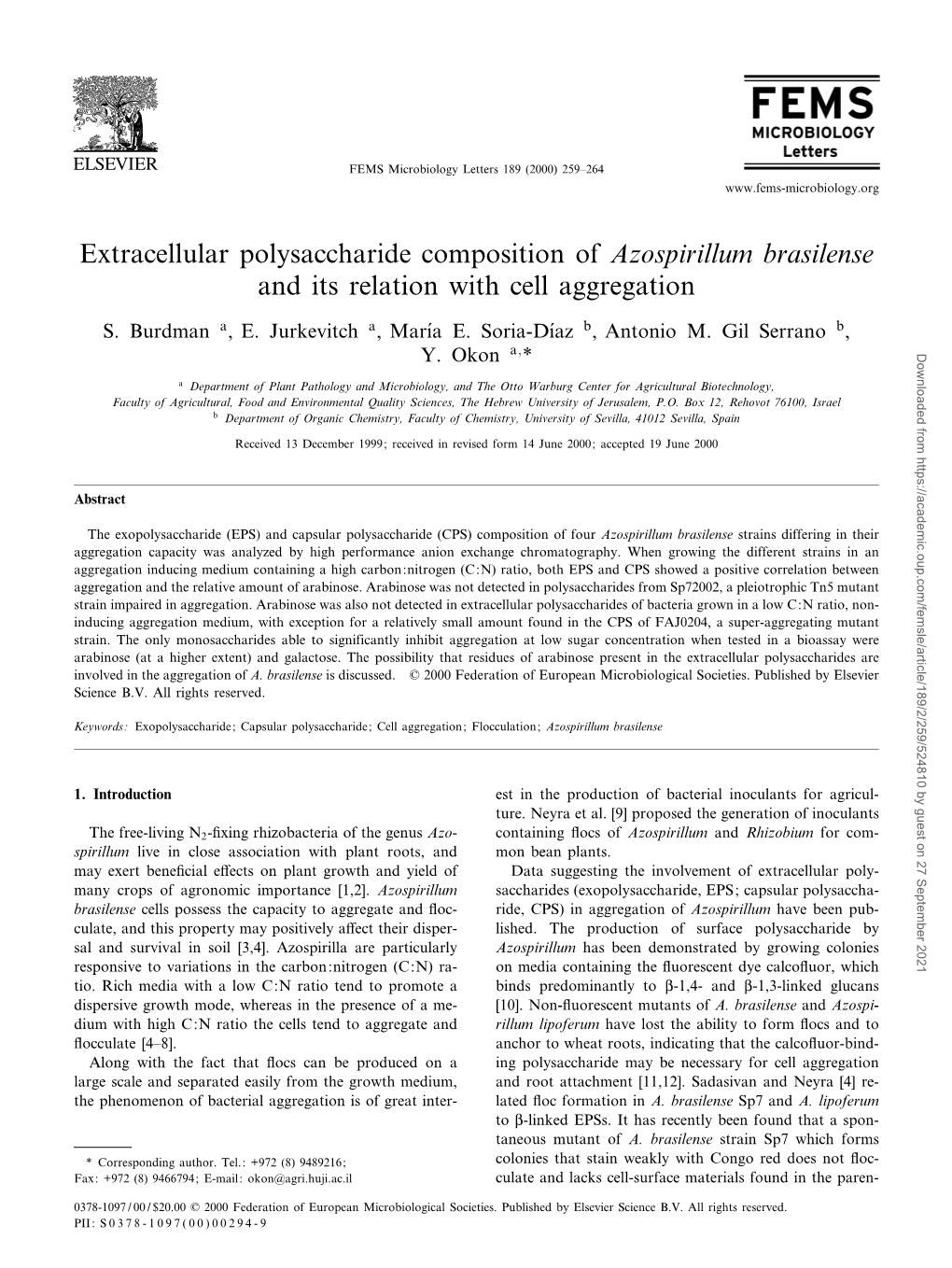 Extracellular Polysaccharide Composition of Azospirillum Brasilense and Its Relation with Cell Aggregation