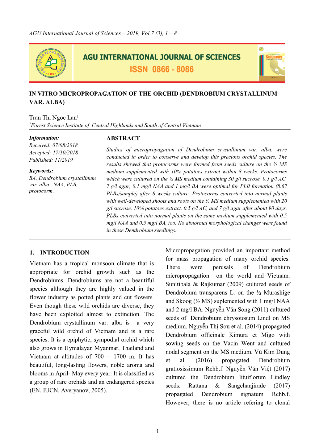 In Vitro Micropropagation of the Orchid (Dendrobium Crystallinum Var