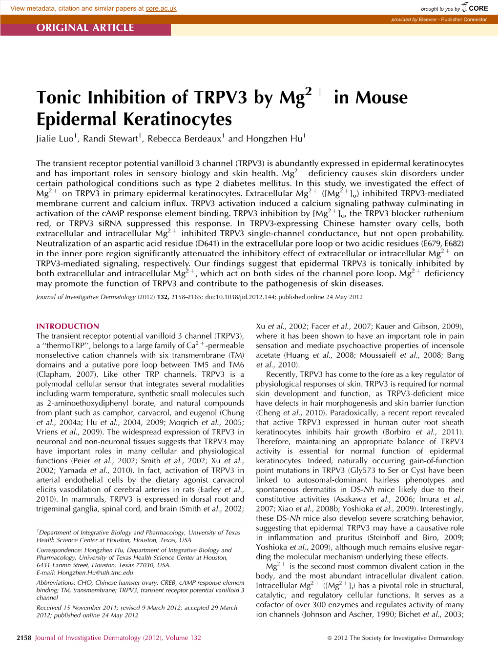 Tonic Inhibition of TRPV3 by Mg2+ in Mouse Epidermal Keratinocytes
