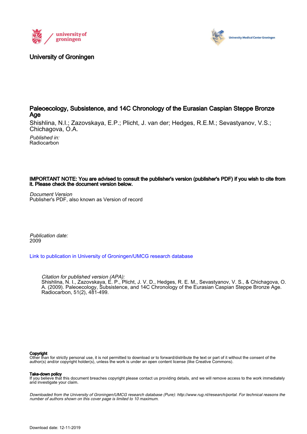 University of Groningen Paleoecology, Subsistence