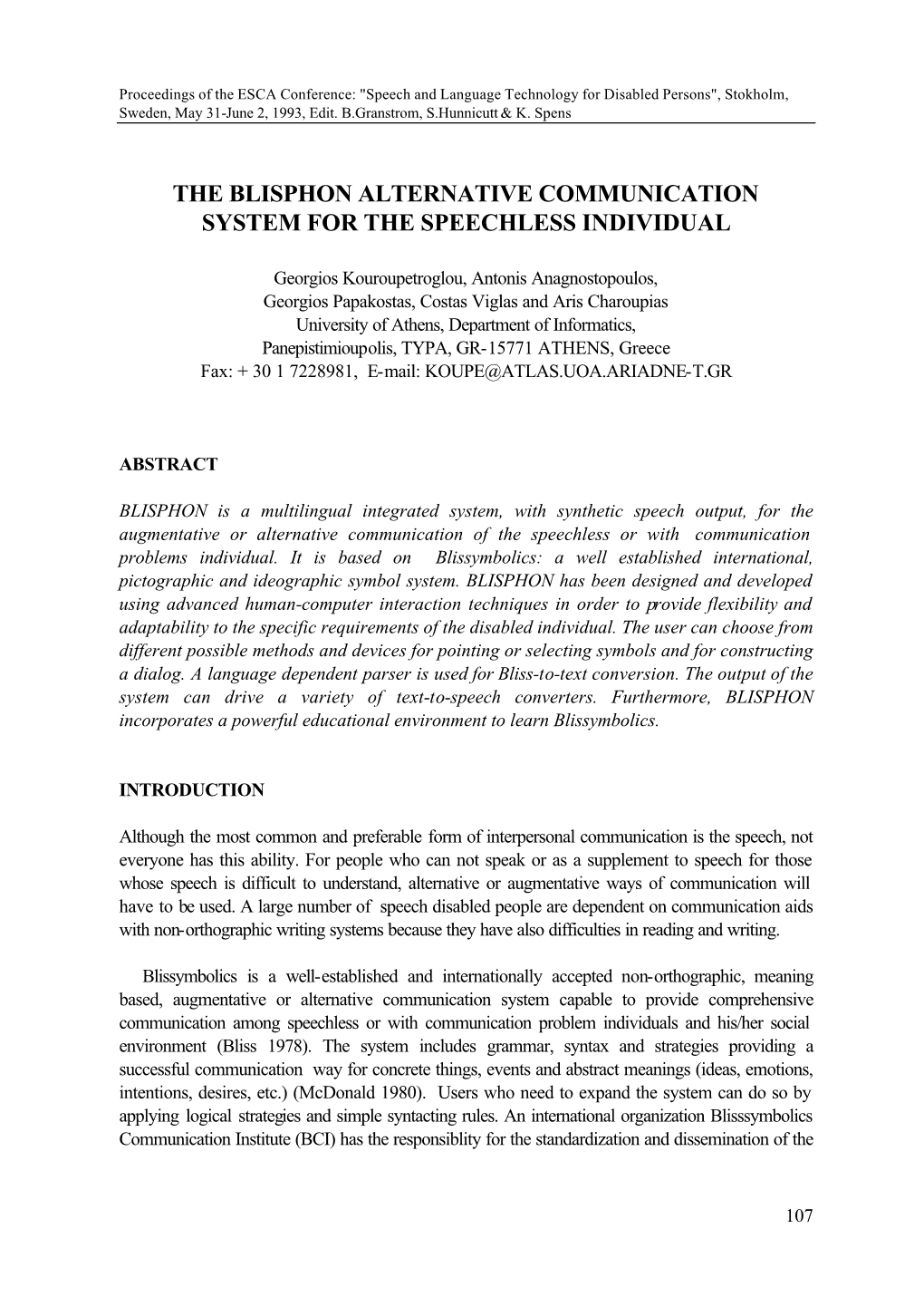 The Blisphon Alternative Communication System for the Speechless Individual