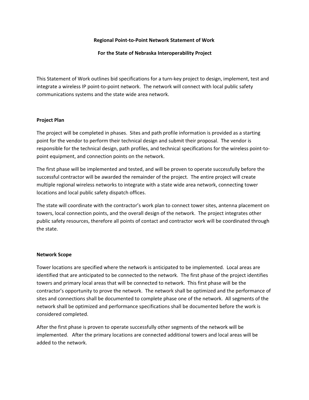 Regional Point-To-Point Network Statement of Work