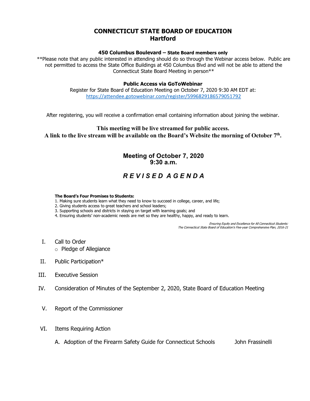 State Board of Education Meeting Agenda for October 7, 2020