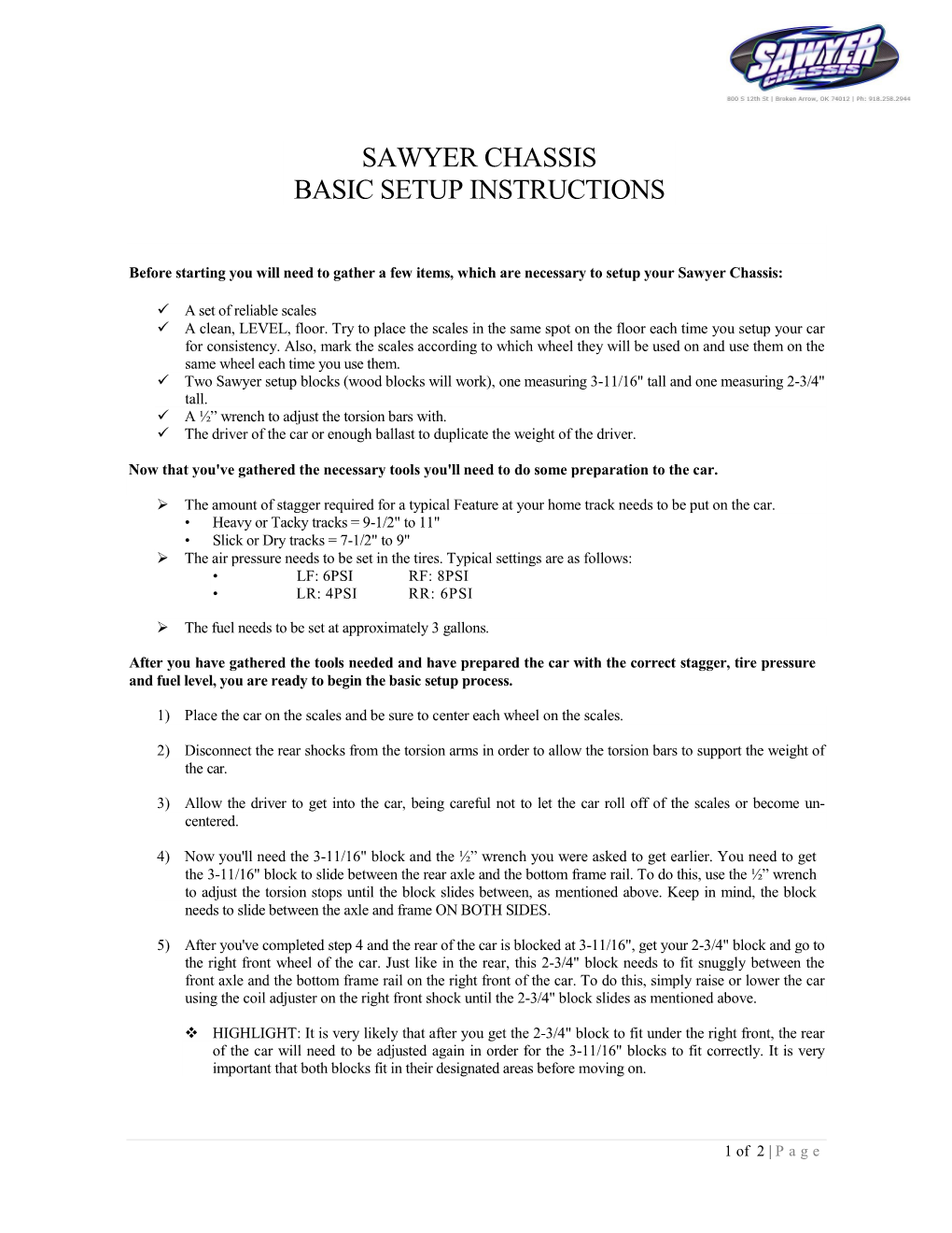 Sawyer Chassis Basic Setup Instructions