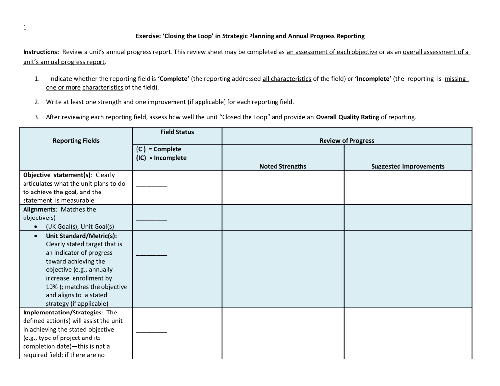 Exercise: Closing the Loop in Strategic Planning and Annual Progress Reporting