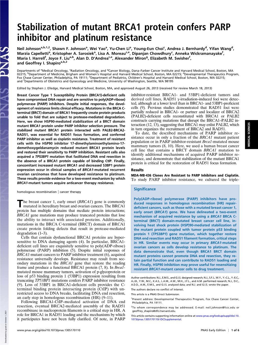 Stabilization of Mutant BRCA1 Protein Confers PARP Inhibitor and Platinum Resistance