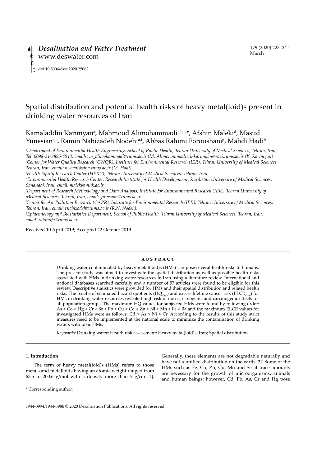 Spatial Distribution and Potential Health Risks of Heavy Metal(Loid)S Present in Drinking Water Resources of Iran