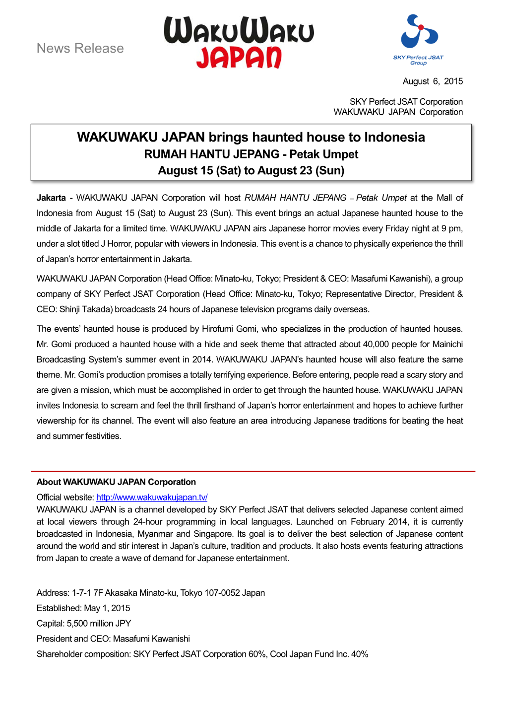 News Release WAKUWAKU JAPAN Brings Haunted House to Indonesia