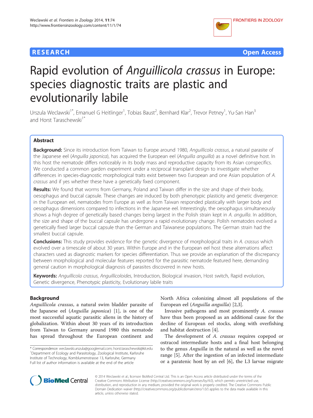 Rapid Evolution of Anguillicola Crassus in Europe: Species