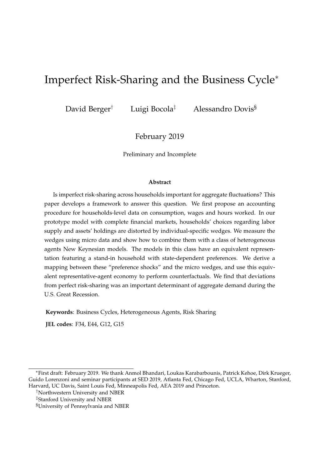 Imperfect Risk-Sharing and the Business Cycle∗