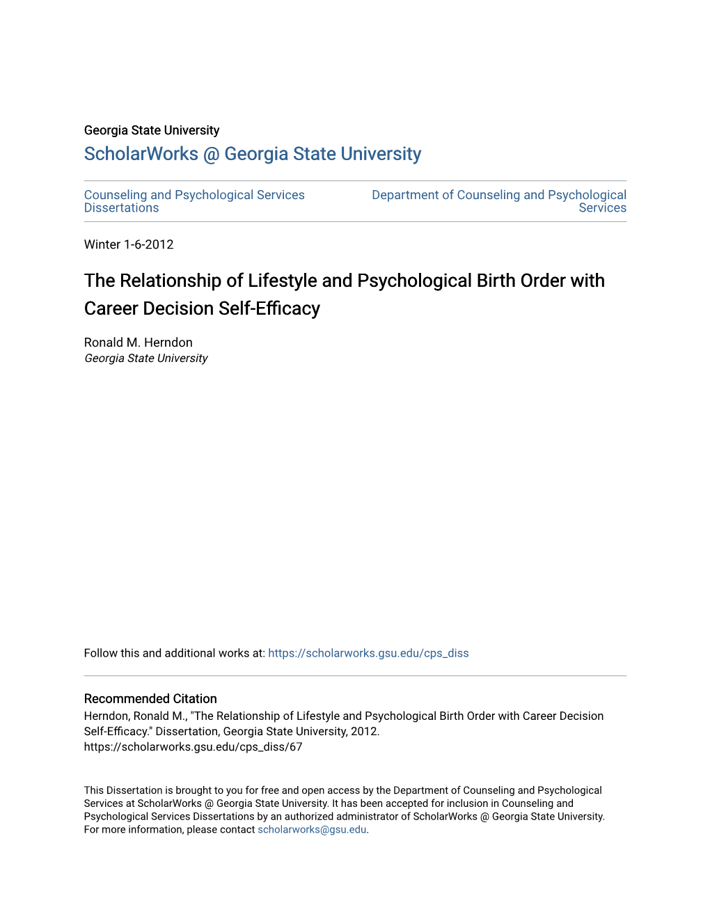 The Relationship of Lifestyle and Psychological Birth Order with Career Decision Self-Efficacy