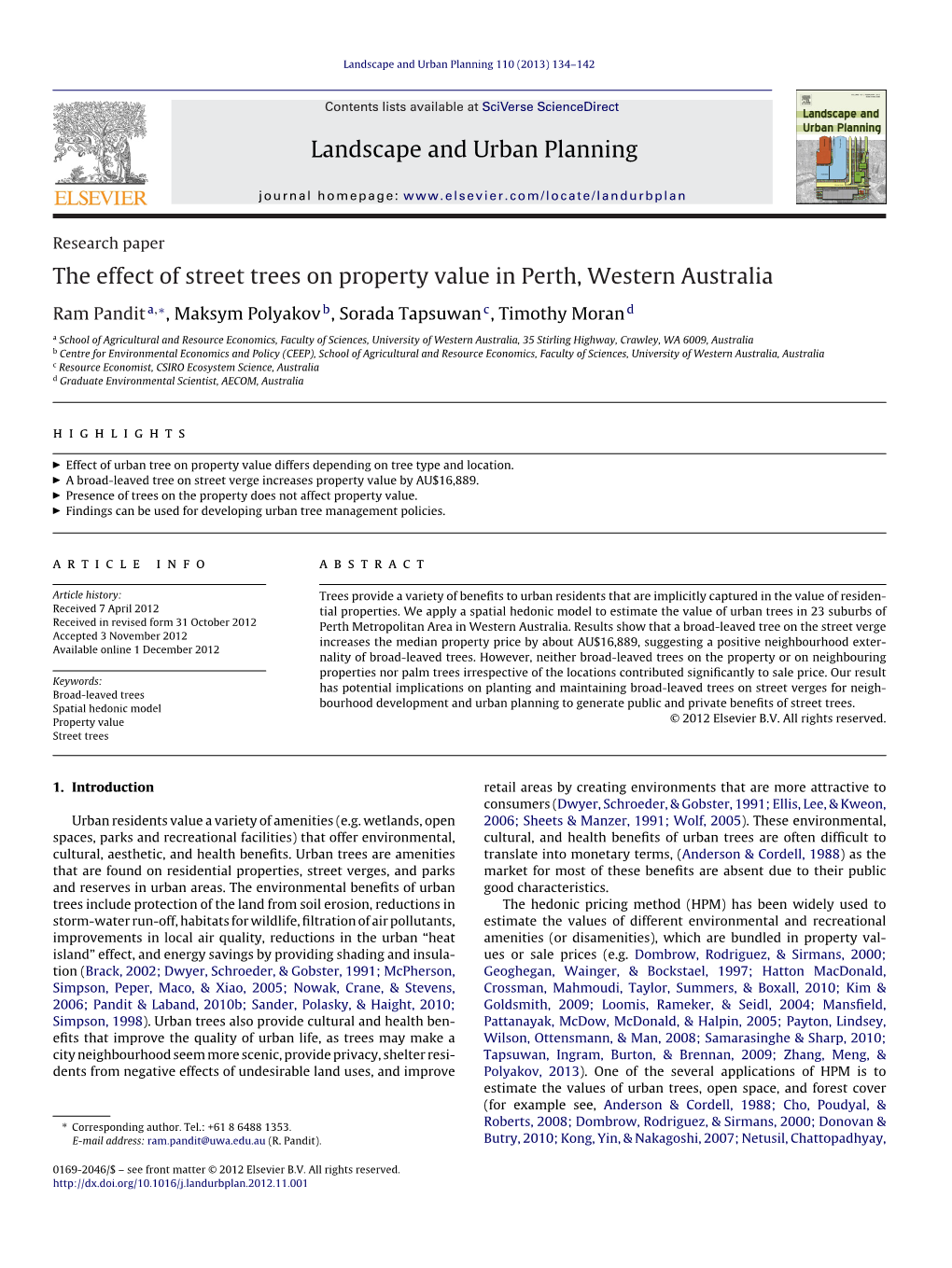 The Effect of Street Trees on Property Value in Perth, Western Australia