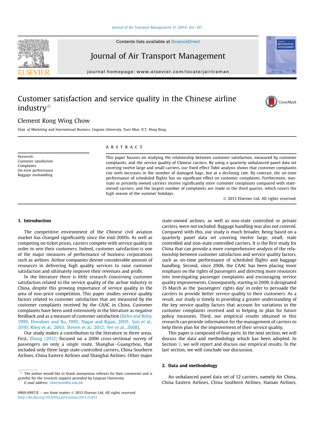 Customer Satisfaction and Service Quality in the Chinese Airline Industryq