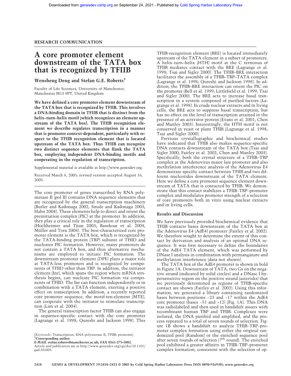 A Core Promoter Element Downstream of the TATA Box That Is Recognized by TFIIB