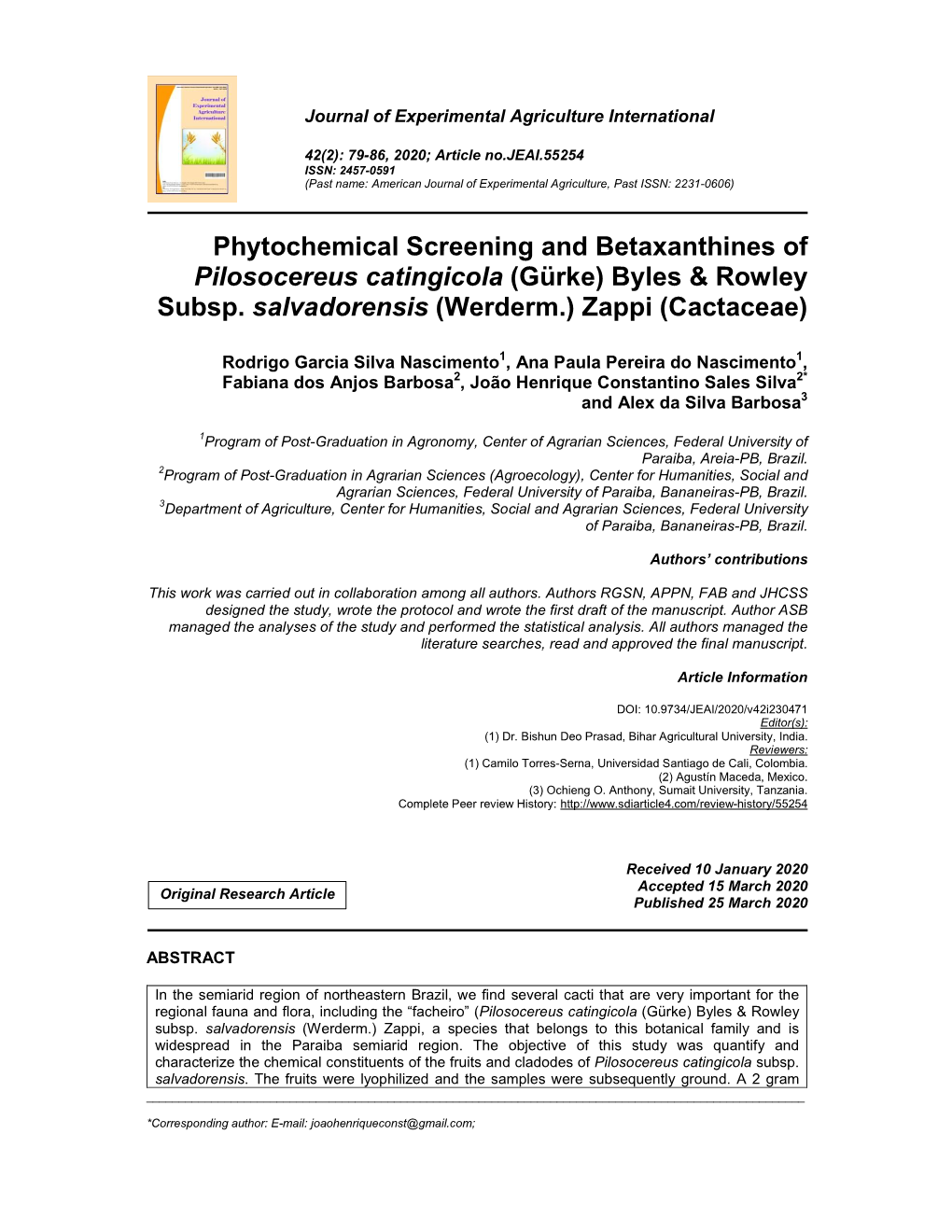 Phytochemical Screening and Betaxanthines of Pilosocereus Catingicola (Gürke) Byles & Rowley Subsp. Salvadorensis (Werderm