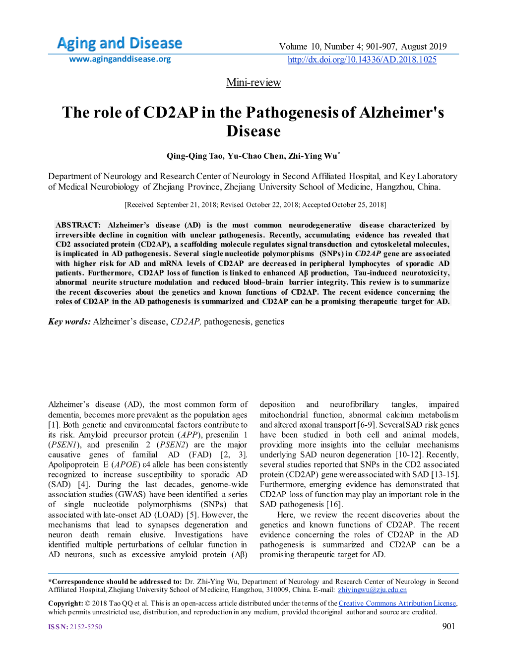 The Role of Cd2apin the Pathogenesis of Alzheimer's Disease