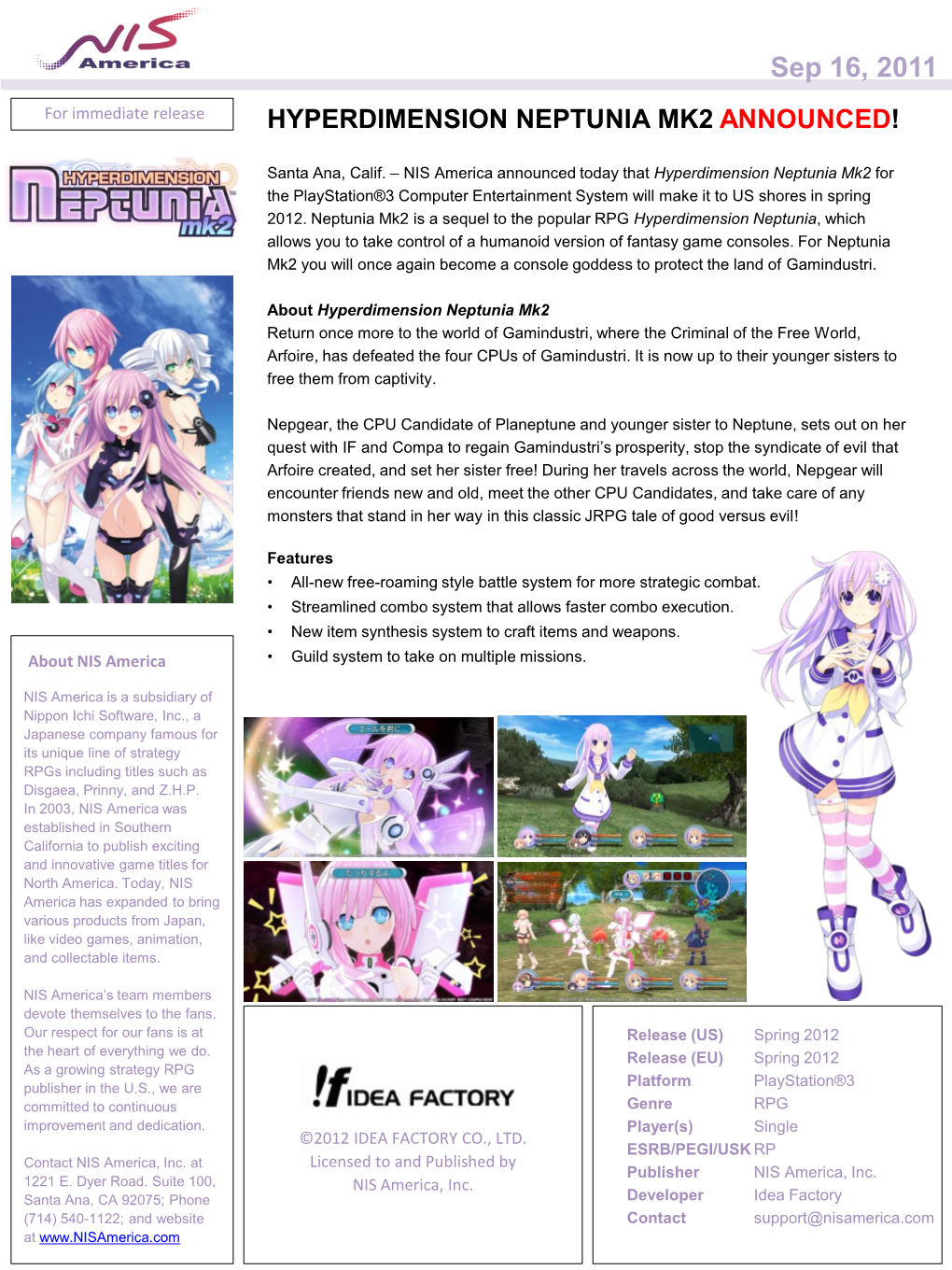 Sep 16, 2011 for Immediate Release HYPERDIMENSION NEPTUNIA MK2 ANNOUNCED!