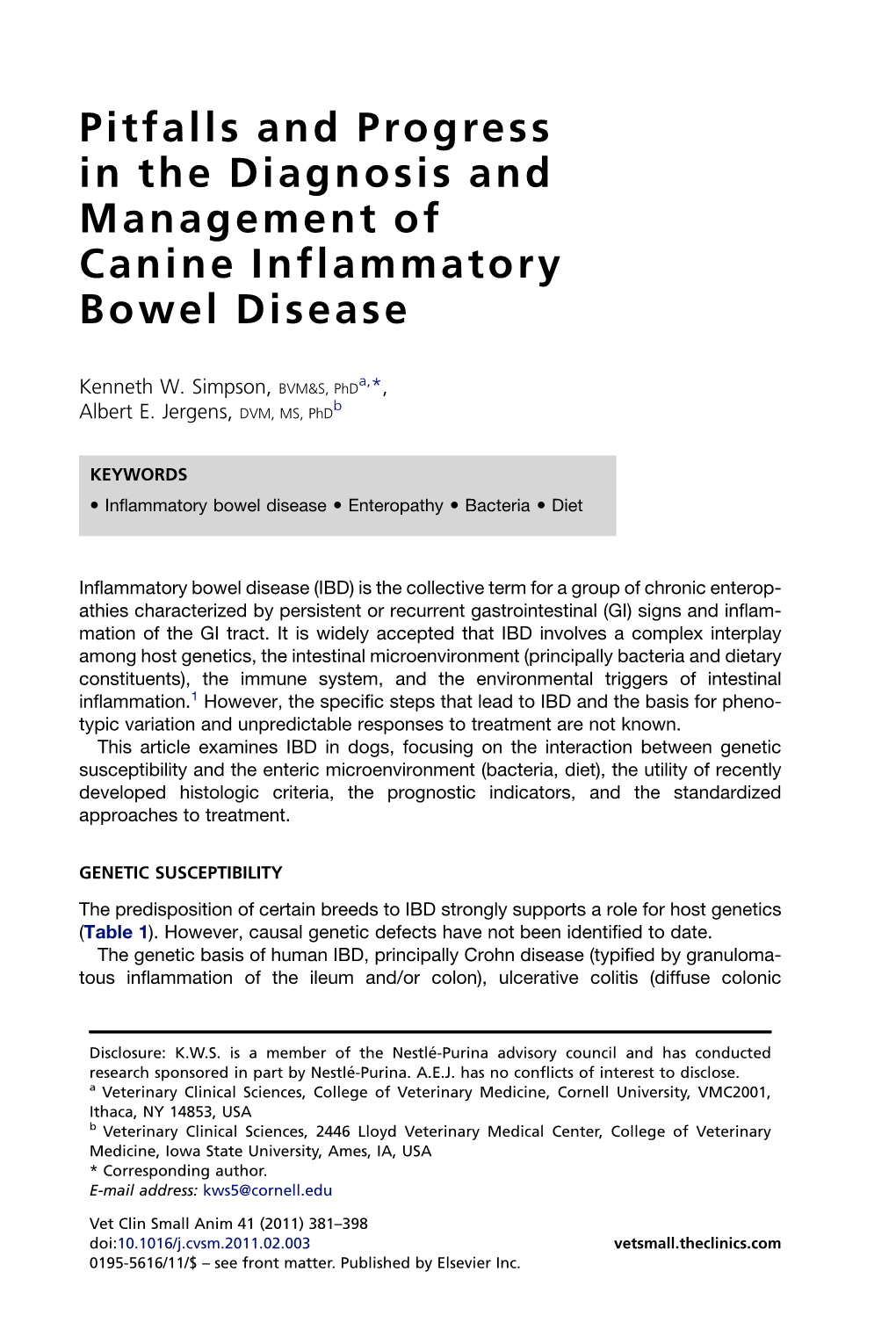 Pitfalls and Progress in the Diagnosis and Management of Canine Inflammatory Bowel Disease