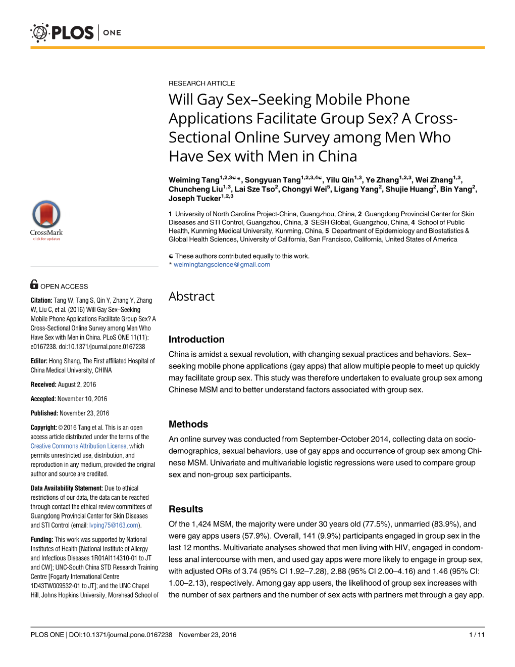 Will Gay Sex–Seeking Mobile Phone Applications Facilitate Group Sex? a Cross- Sectional Online Survey Among Men Who Have Sex with Men in China