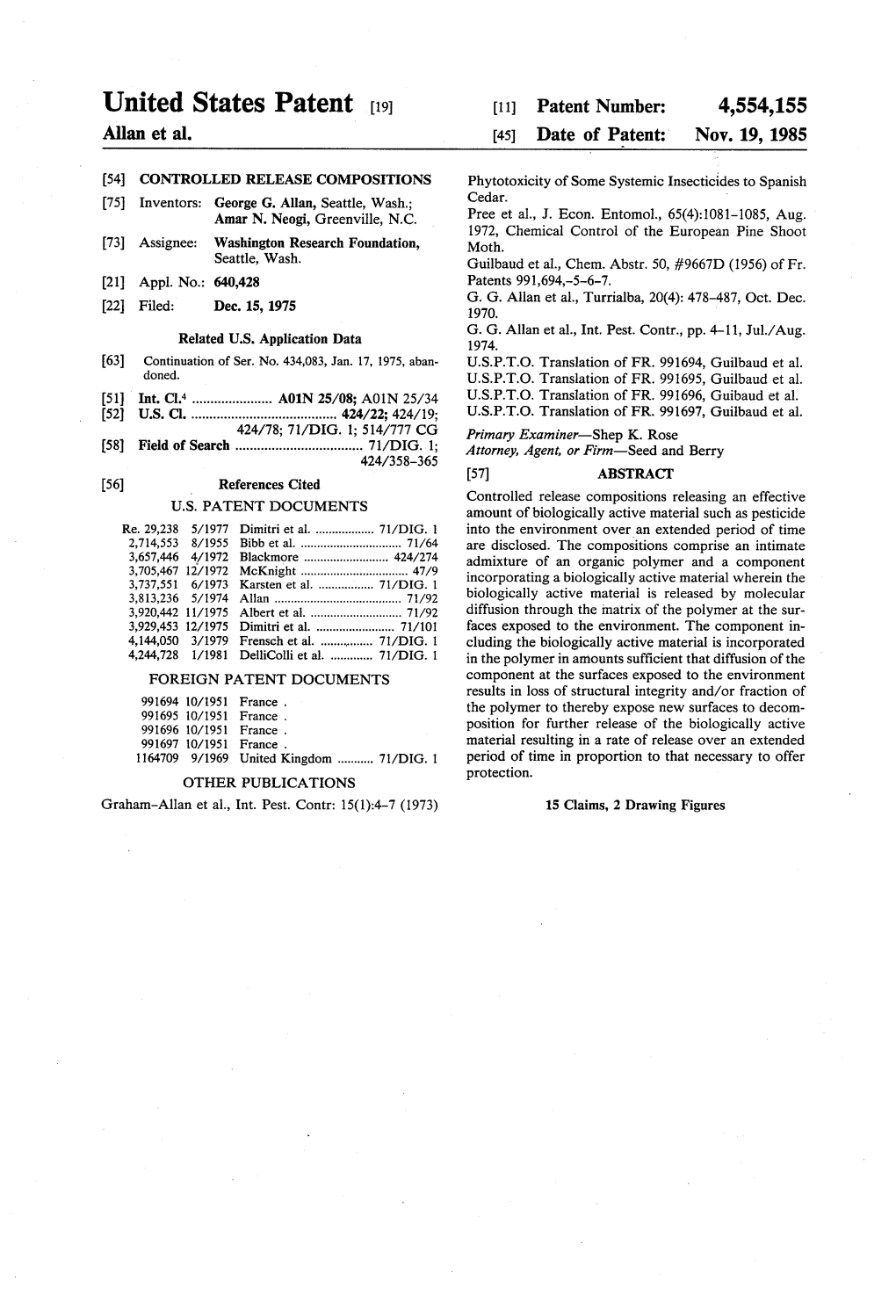 United States Patent 19 11 Patent Number: 4,554,155 Allan Et Al