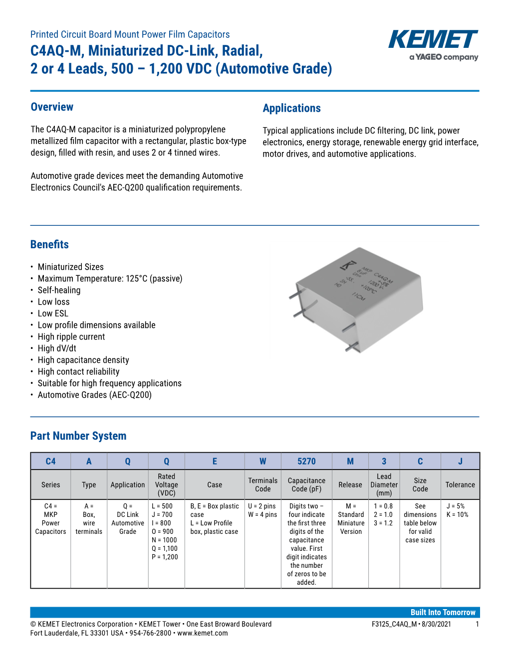 C4AQ-Miniaturized, Radial, 2 Or 4 Leads, 500 – 1,200 VDC, for DC