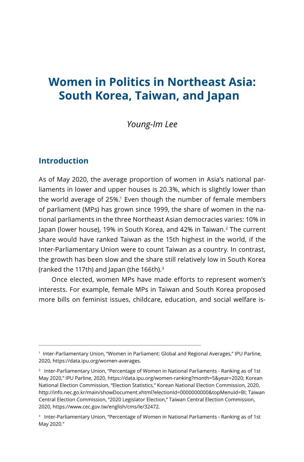 Women in Politics in Northeast Asia: South Korea, Taiwan, and Japan