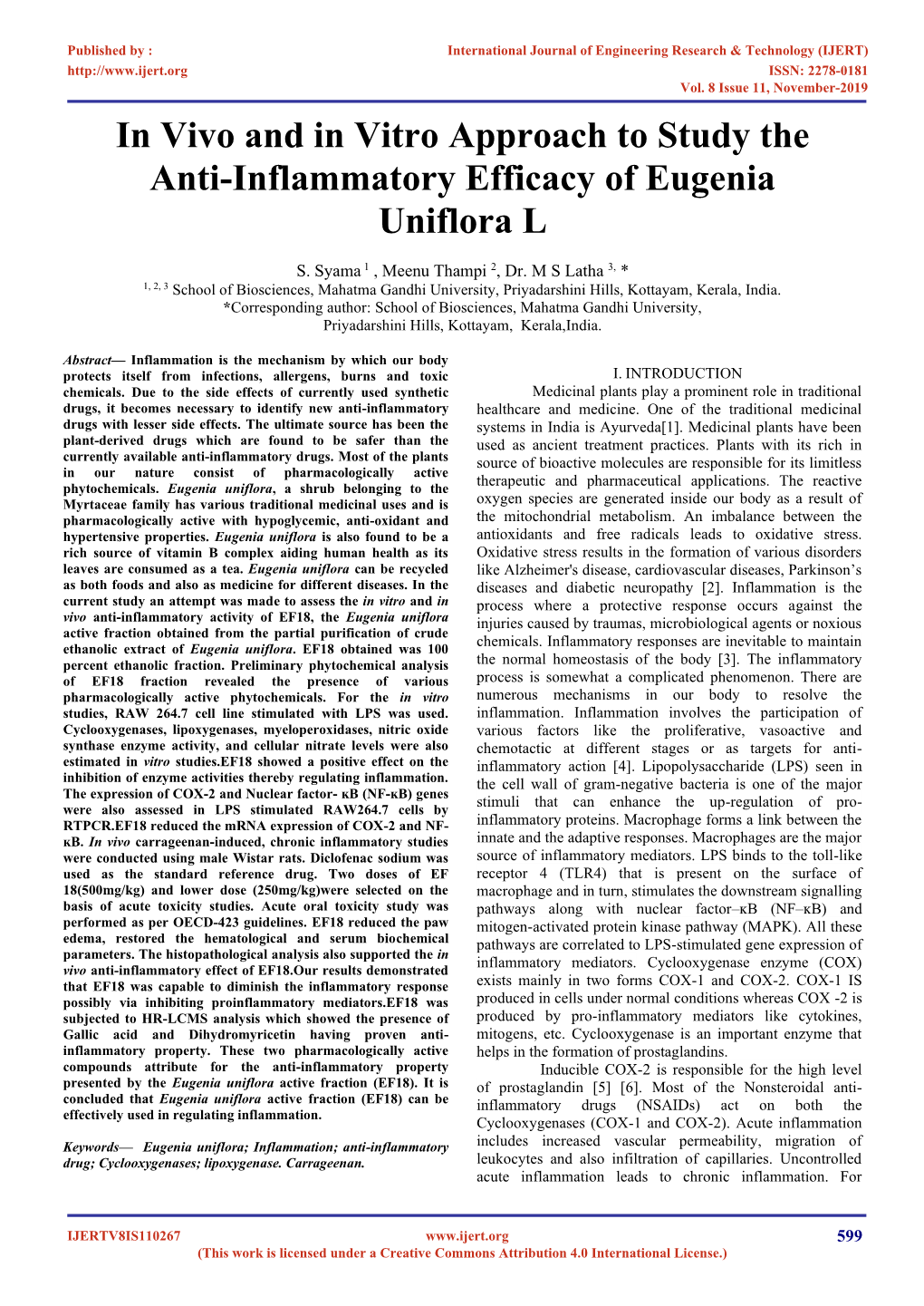 In Vivo and in Vitro Approach to Study the Anti-Inflammatory Efficacy of Eugenia Uniflora L