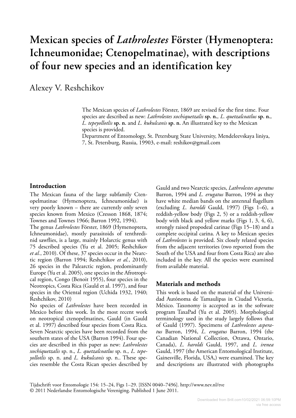 Hymenoptera: Ichneumonidae; Ctenopelmatinae), with Descriptions of Four New Species and an Identification Key