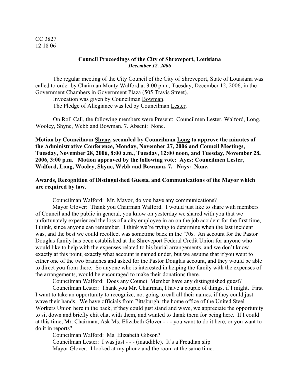 CC 3827 12 18 06 Council Proceedings of the City of Shreveport