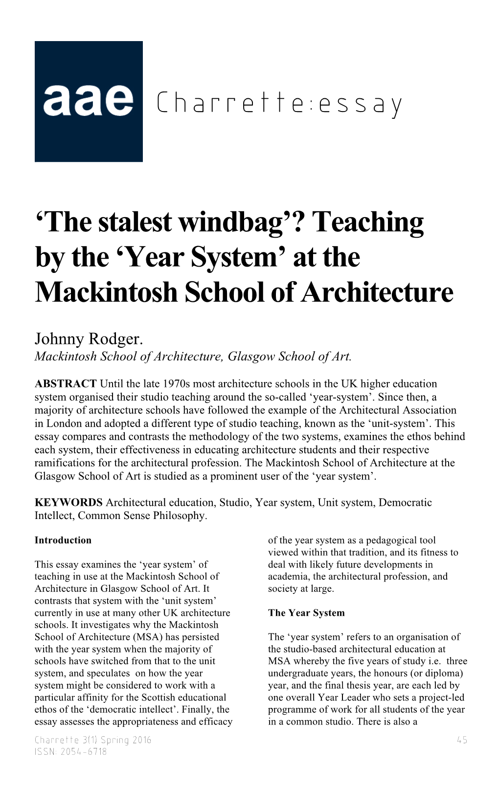 Teaching by the 'Year System' at the Mackintosh School of Architecture