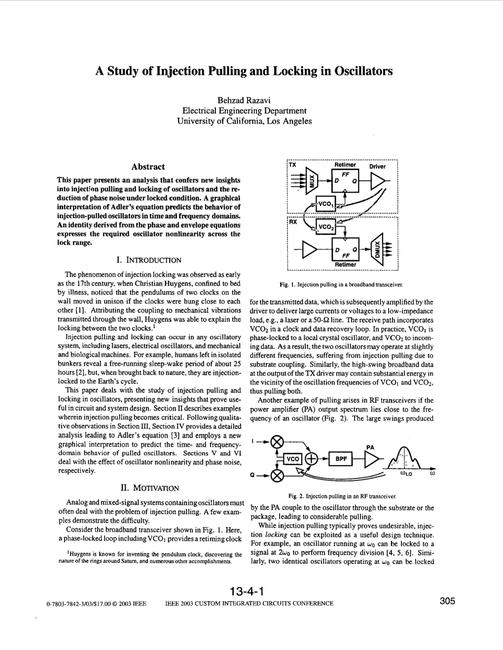 A Study of Injection Pulling and Locking in Oscillators