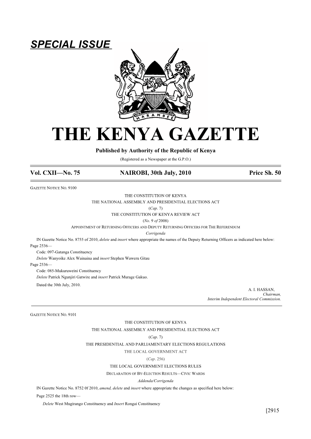 THE KENYA GAZETTE Published by Authority of the Republic of Kenya (Registered As a Newspaper at the G.P.O.)