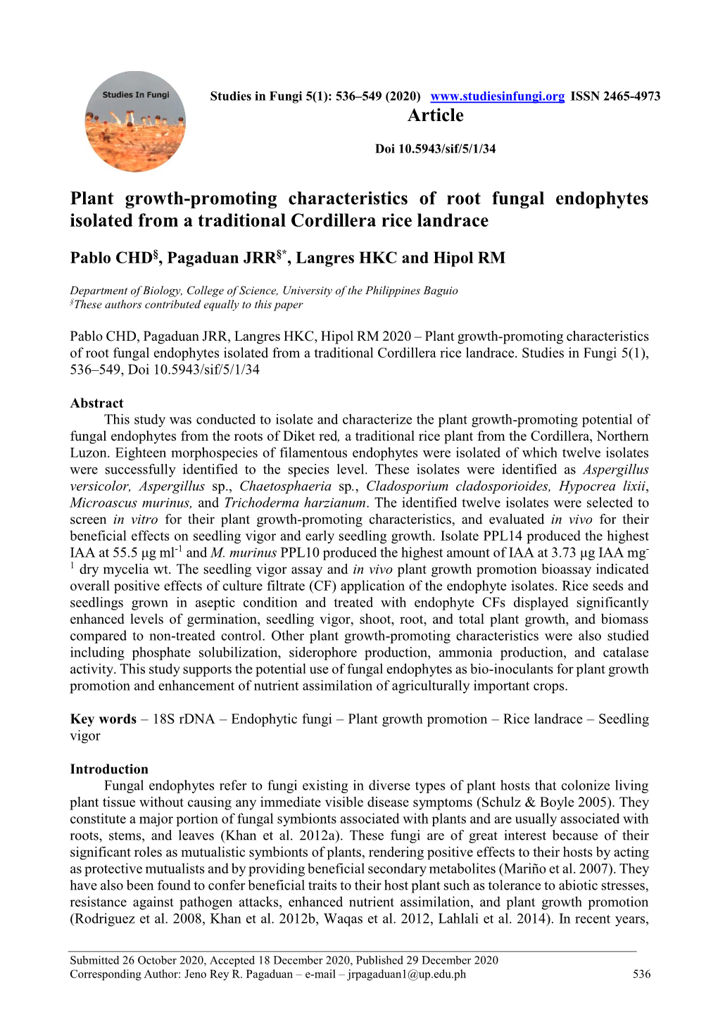 Plant Growth-Promoting Characteristics of Root Fungal Endophytes Isolated from a Traditional Cordillera Rice Landrace