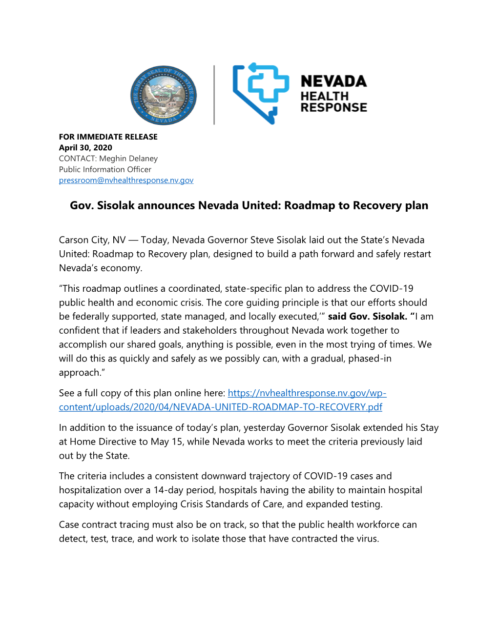 Gov. Sisolak Announces Nevada United: Roadmap to Recovery Plan